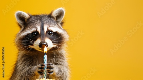 Adorable raccoon smiling and celebrating birthday with cake on vibrant, yellow background, wild animal, holiday concept, banner, copy space
