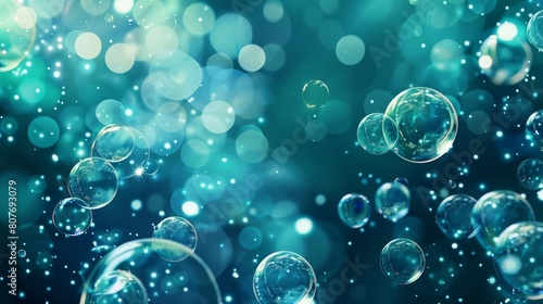 Water bubbles, soda bubbles, champagne bubbles, carbonated drink bubbles, carbonated drinks on an abstract underwater background. Dynamic motion, transparent aqua with fizzing moisture drops and photo