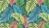 Beautiful autotraced  seamless pattern with hand drawn watercolor colorful tropical palm leaves. Wallpapper textile fabric design.