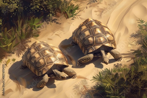 Two large tortoises walking on a sandy surface. Suitable for nature and animal themes photo