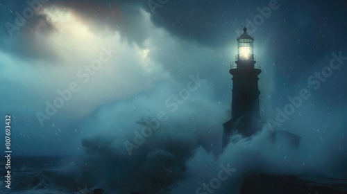 A dramatic image of a lighthouse in the middle of a storm. Suitable for various design projects