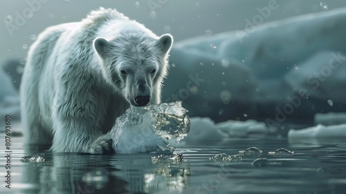  A poignant image of a polar bear delicately holding a rapidly melting piece of ice, symbolizing the devastating effects of climate change on Arctic ecosystems. photo