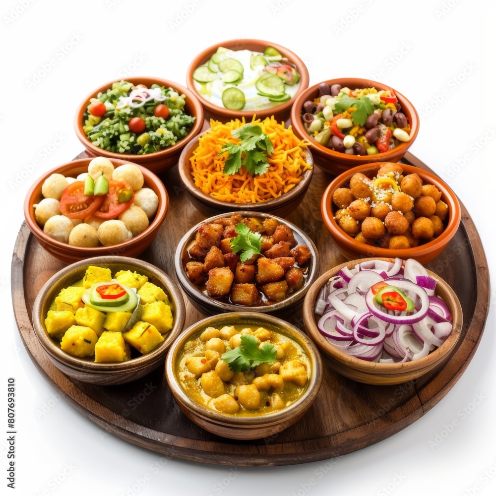 Wooden plate adorned with diverse bowls of Indian chaat delicacies
