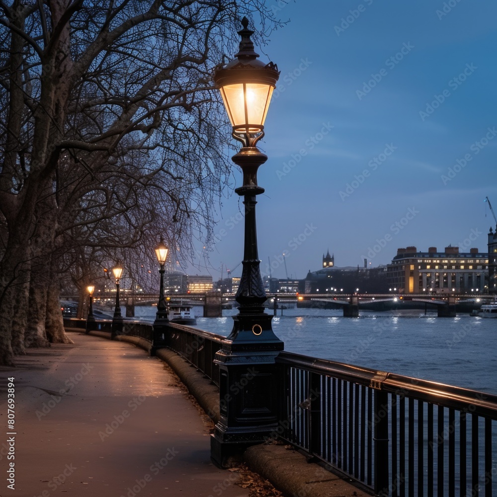 Urban lamp post by tranquil water, suitable for cityscape themes