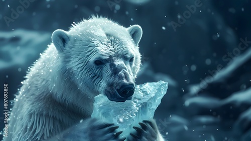  A poignant image of a polar bear delicately holding a rapidly melting piece of ice, symbolizing the devastating effects of climate change on Arctic ecosystems.