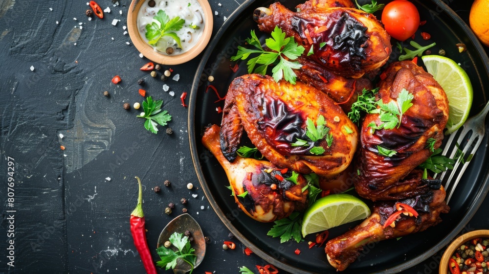 A plate of spiced roasted chicken with colorful garnishes A plate of spiced roasted chicken with colorful garnishes
