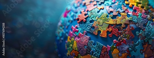 A globe made up of colorful puzzle pieces, each piece representing a different nation working together to form a whole. photo