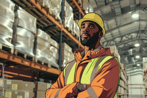 A man standing with his arms crossed in a warehouse. Suitable for business or industrial concepts