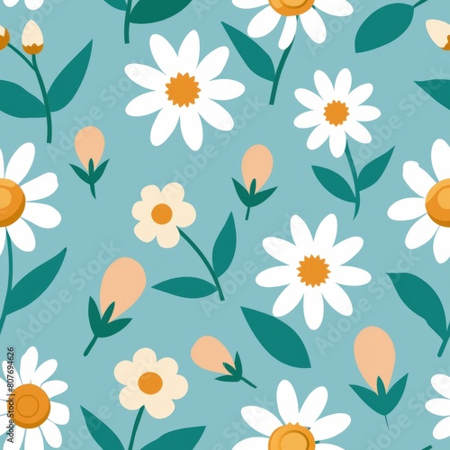 Seamless pattern of simple floral motifs like daisies or tulips  adding a touch of nature-inspired elegance to your gift wrap  Generative AI