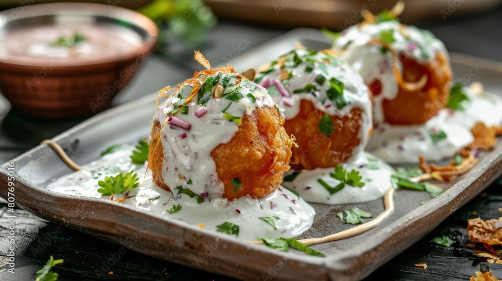 A colorful plate of various Indian dishes on a table A colorful plate of various Indian dishes on a table