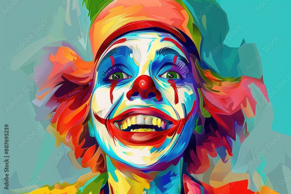 A colorful painting of a clown with red hair. Perfect for circus-themed designs