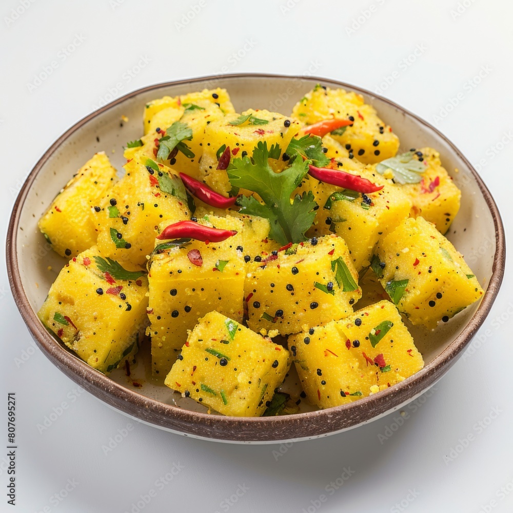 A bowl filled with various Indian foods, including Dhokla, rests on a table A bowl filled with various Indian foods, including Dhokla, rests on a table