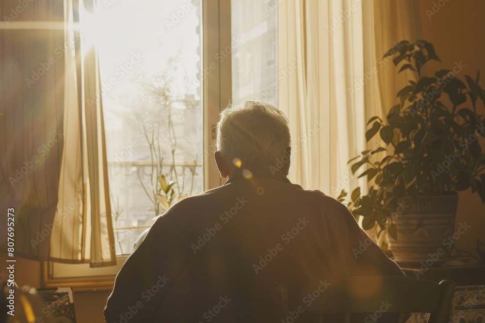 Back view of lonely senior man sitting at home and looking at the window in living room Back view of lonely senior man sitting at home and looking at the window in living room