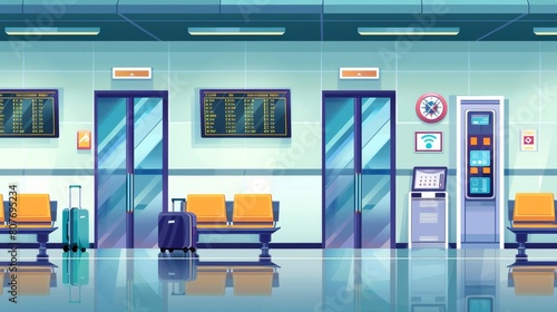 An airport departure area with seats and metal detectors  luggage  security scanners and schedule displays. Modern cartoon of an airport departure area with chairs and metal detectors.