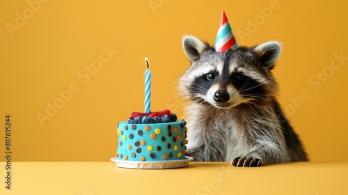 Cute happy raccoon smiling and celebrating birthday with cake on yellow background, animal party holiday concept, banner, copy space