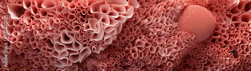 A close up of a bunch of pink and fleshy organic shapes that look like they could be growing or breathing.