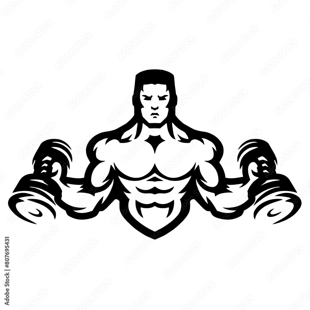 Muscular torso of a bodybuilder with dumbbells, vector, logo, cartoon, illustration, mascot, character Muscular torso of a bodybuilder with dumbbells, vector, logo, cartoon, illustration, mascot, character