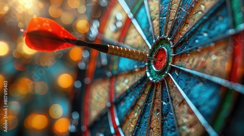 Closeup of blue dartboard with red bullseye, arrow in the center. Web banner with copy space