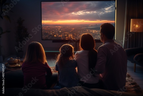 Family watching TV at home in the evening. couples with children sitting on the sofa and looking at the TV