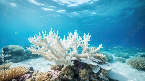 A beautiful underwater scene of a bleached coral reef with schools of fish swimming around.