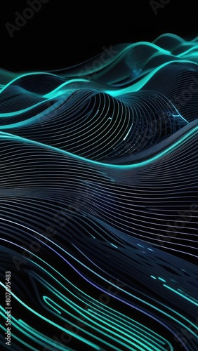 Neon waves symbolizing sound  music  abstract illuminated dark background with blue lines and waves  modern digital art