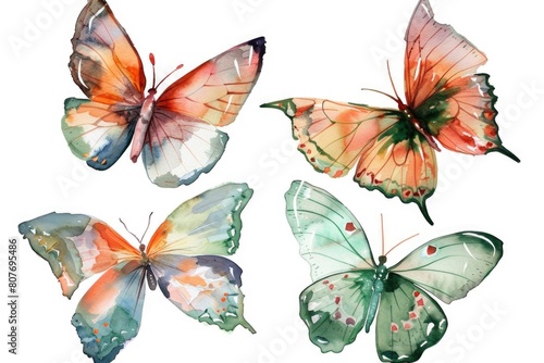 Four delicate watercolor butterflies on a plain white background. Perfect for greeting cards or nature-themed designs