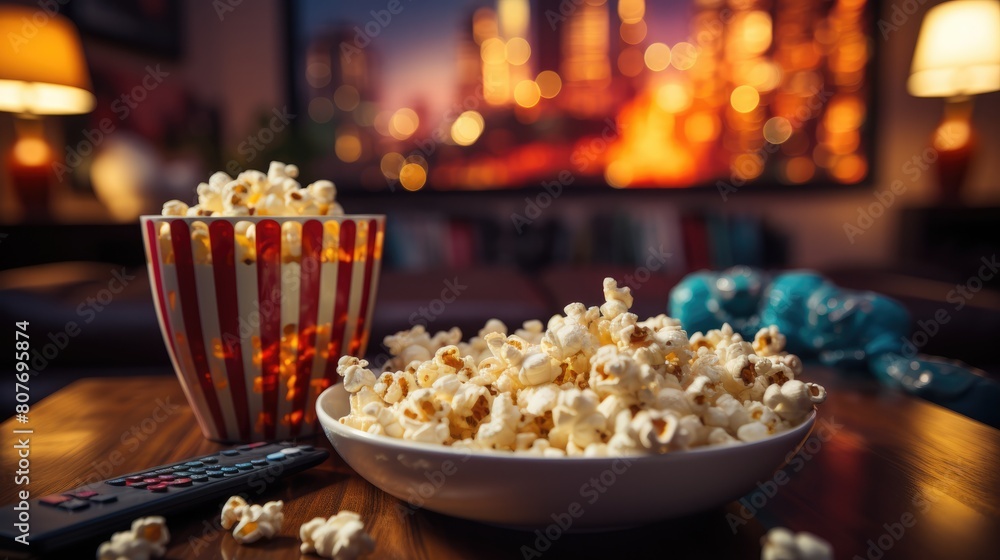 popcorn and remote on table in front of tv. popcorn and remote on table in front of tv.