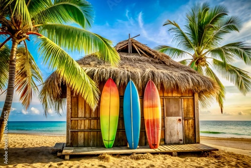 Rustic surf station with colorful surfboards on the tropical island beach