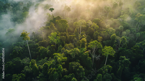 The morning mist clears over the lush green canopy of the Amazon rainforest  revealing a dense and diverse ecosystem teeming with life.