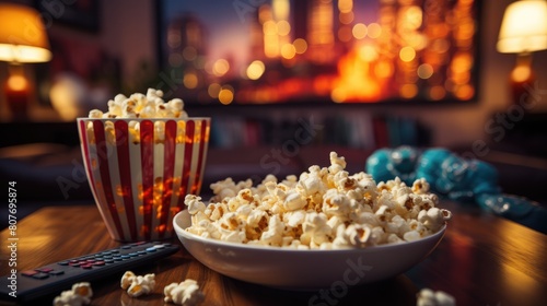 popcorn and remote on table in front of tv.