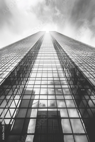 A monochrome image of a towering building. Suitable for architectural projects