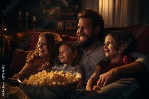 Family watching TV at home in the evening. couples with children sitting on the sofa and looking at the TV