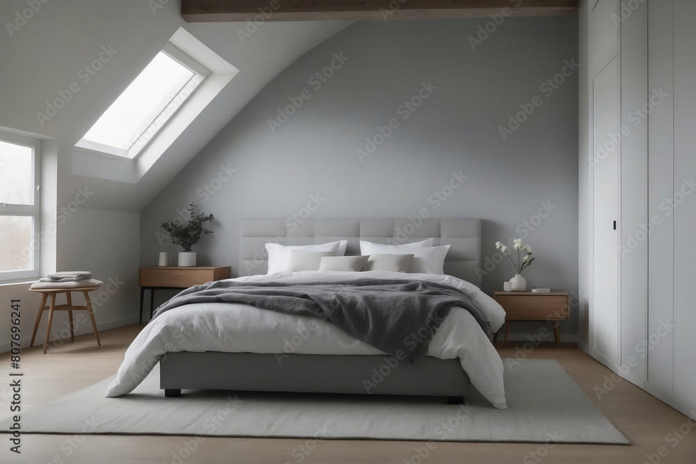 Obraz premium Modern Attic Bedroom with Sloped Ceiling and Skylight Offering Natural Light and Stylish Decor