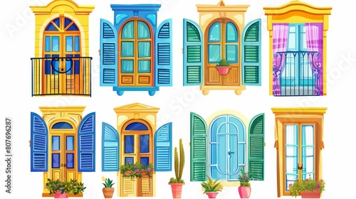 A modern cartoon set of house windows with colored frames, curtains and potted plants on the sill of a Mediterranean home with wood windows and open shutters isolated on a white background. photo