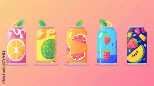 Tin cans with blueberry, lemon, watermelon and raspberry juice, glass bottles with orange beverage. Modern flat illustration of metal tin cans with blueberry, lemon, watermelon and raspberry juice.