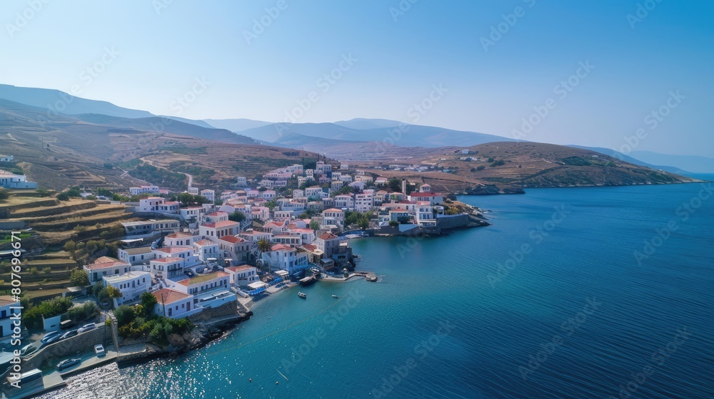 Aerial drone view of iconic and picturesque Andros (Chora) Andros Island
