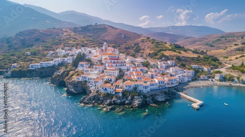 Aerial drone view of iconic and picturesque Andros (Chora) Andros Island photo