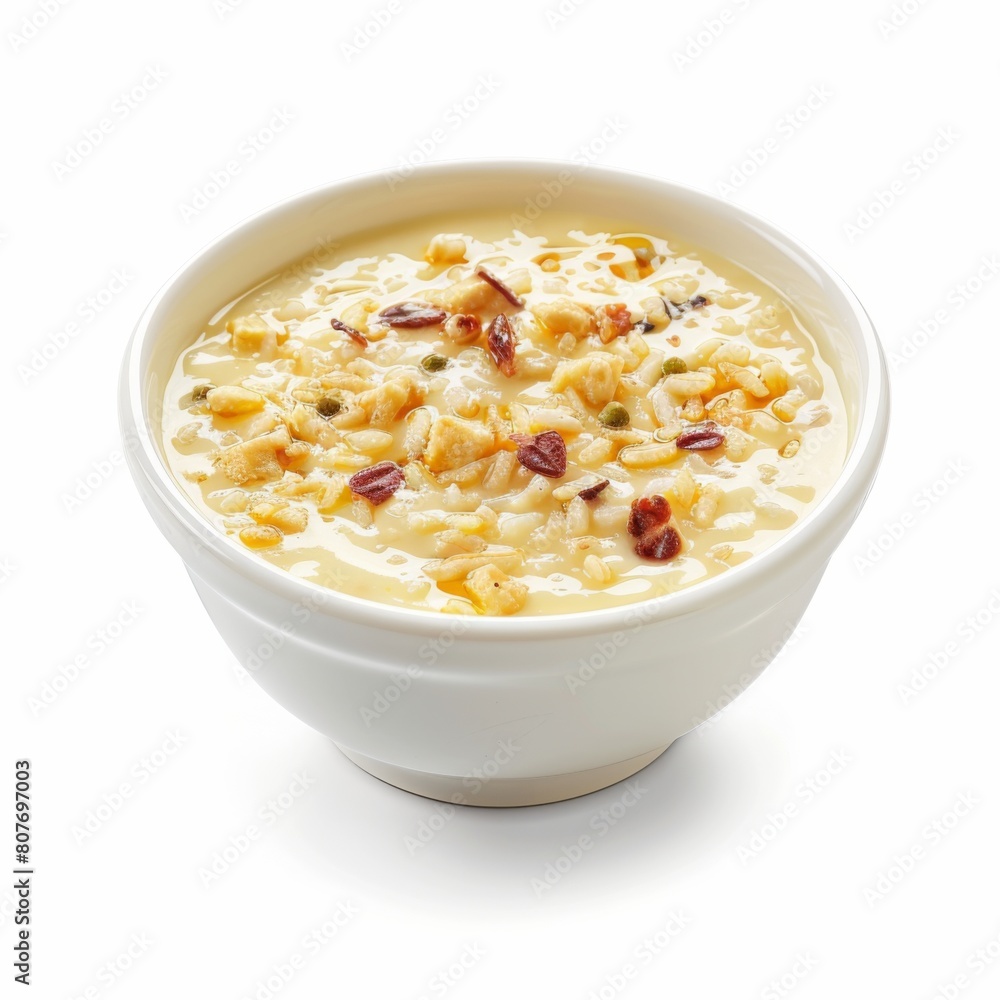 A bowl of soup filled with a variety of nuts and spices A bowl of soup filled with a variety of nuts and spices