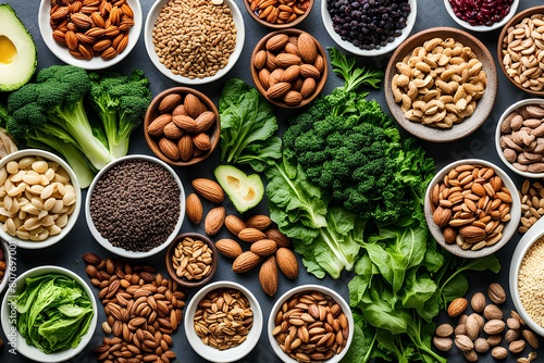 Close-up shots of keto-friendly ingredients nuts, seeds, lean meats, and green leafy vegetables, arranged in a visually appealing manner.