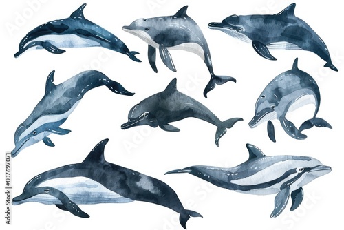 Watercolor painting of dolphins swimming in the ocean. Ideal for marine-themed designs