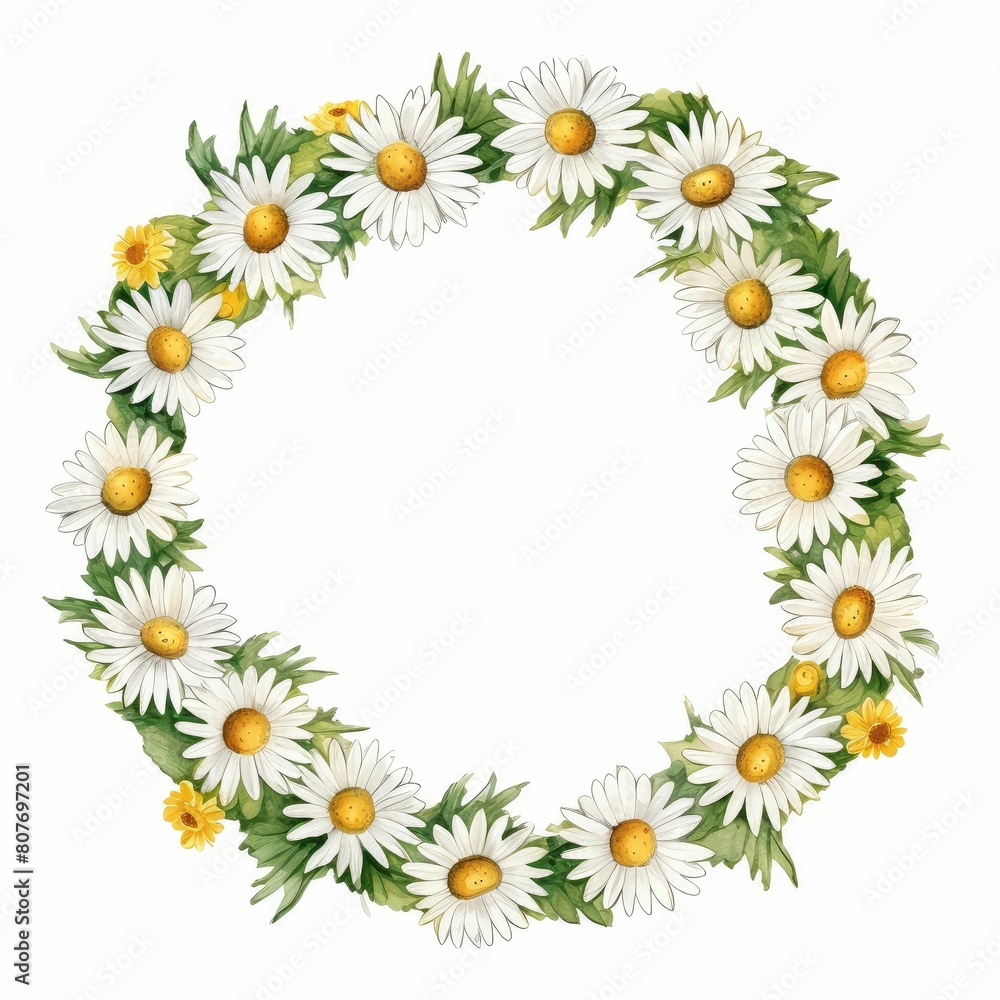 daisy themed frame or border for photos and text. watercolor illustration, Perfect for nursery art, simple clipart, single object, white color background. Daisies summer flower.