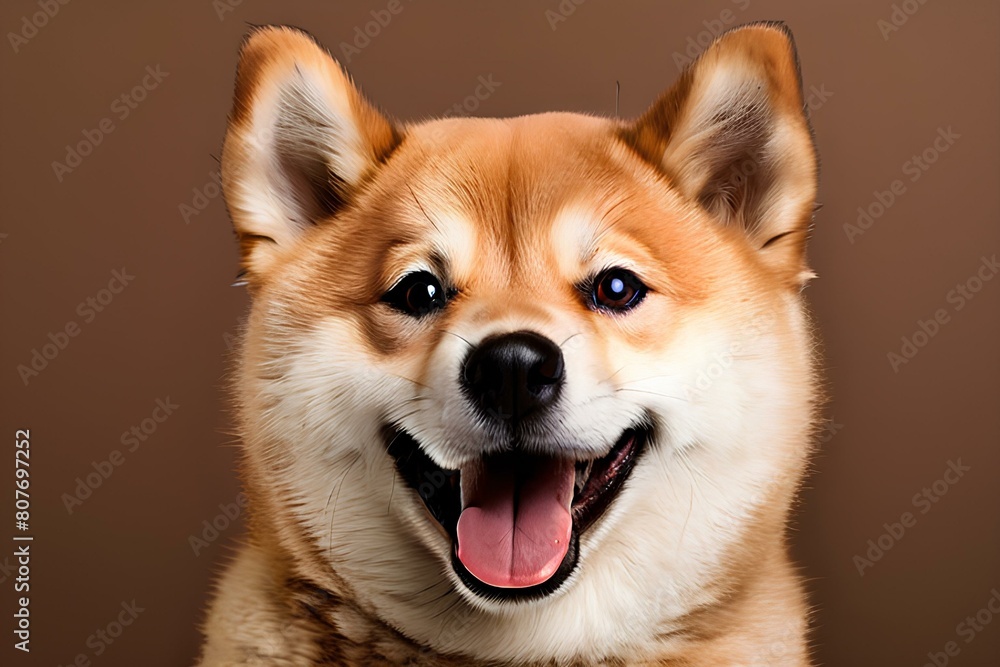 Portrait of cute joyful Shiba Inu, pet dog animal banner with copy space.