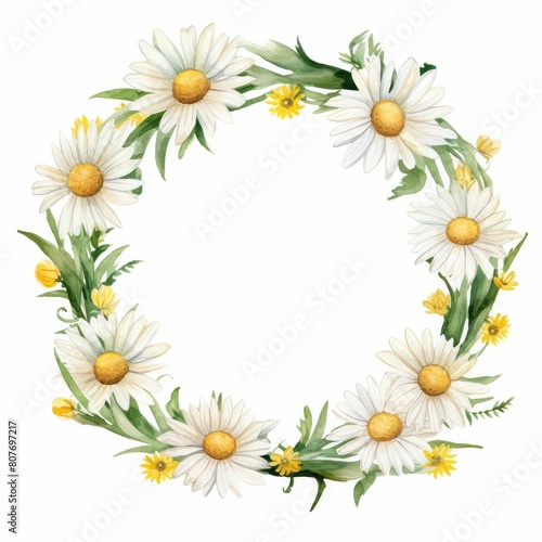 daisy themed frame or border for photos and text. watercolor illustration, Perfect for nursery art, simple clipart, single object, white color background. Daisies summer flower. © JR BEE