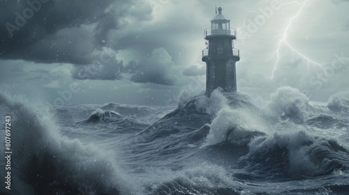 A lighthouse standing strong in the middle of a stormy ocean. Perfect for illustrating strength and resilience in difficult times