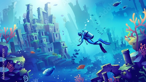 Modern cartoon illustration of underwater landscape with ruins, stones, fishes and woman in diving suit with aqualung and sunken ancient city under water in sea or ocean. photo