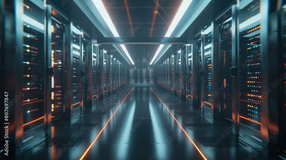 Fototapeta premium Rows of servers in a long hallway, suitable for technology concepts