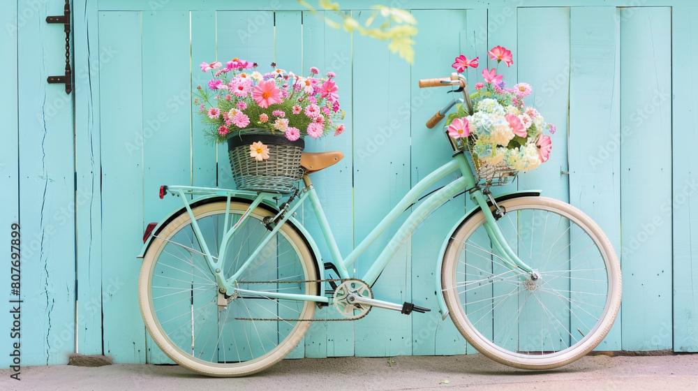  A picturesque view of a bicycle parked against a light blue fence, its basket filled with an assortment of flowers, creating a charming and inviting atmosphere