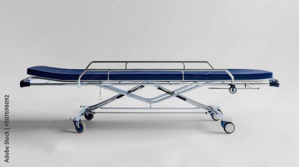 A blue stretcher placed on a metal table. Suitable for medical and emergency concept A blue stretcher placed on a metal table. Suitable for medical and emergency concept