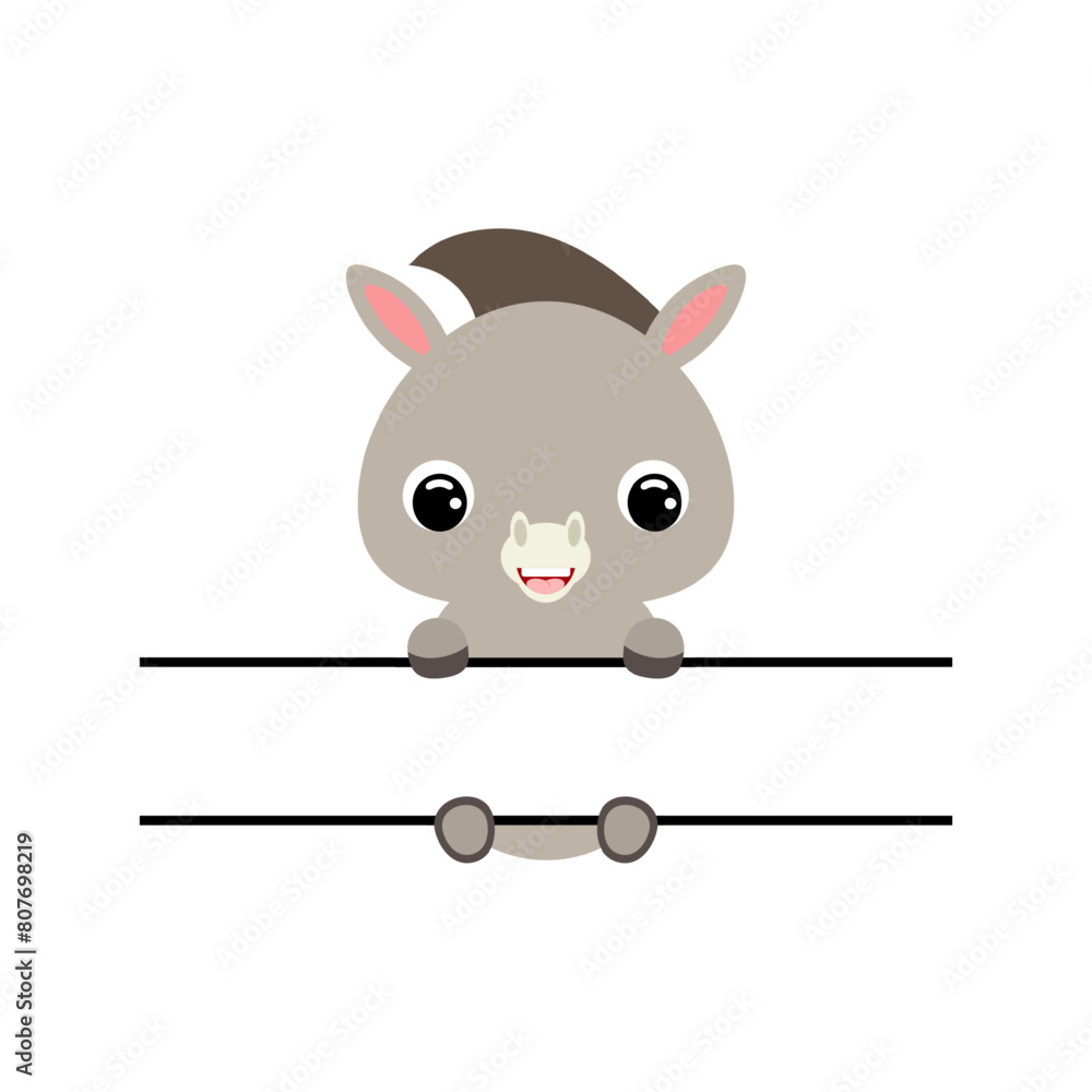 Cute donkey split monogram. Funny cartoon character for shirt, scrapbooking, greeting cards, baby shower, invitation. Bright colored childish stock vector illustration Cute donkey split monogram. Funny cartoon character for shirt, scrapbooking, greeting cards, baby shower, invitation. Bright colored childish stock vector illustration