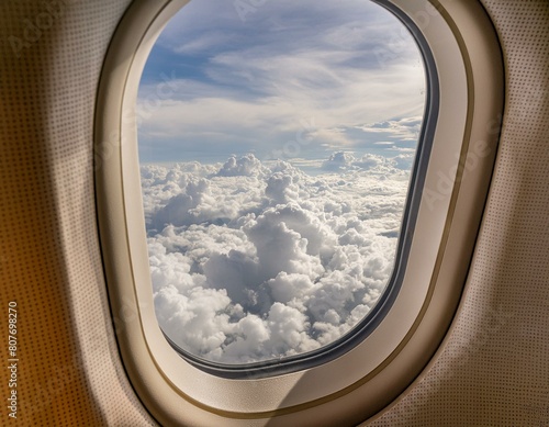a view of the clouds from an airplane window with a sky background. © Willard